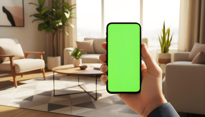 Hand holding mobile smartphone with blank green screen chroma key for mockup in sunny modern living room interior with sofa plants and coffee table background for home app display