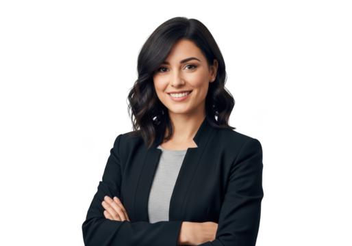 Professional woman with dark wavy hair smiling confidently with arms crossed isolated on transparent background