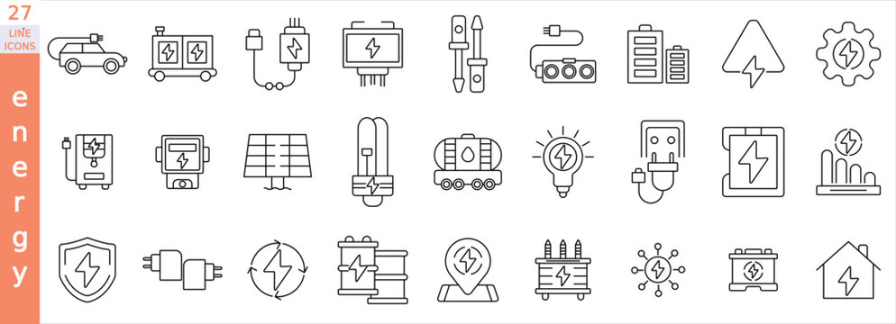 Electricity, electrical energy icon set. Contains icons Electric power line, light, light bulb and electrical equipment.