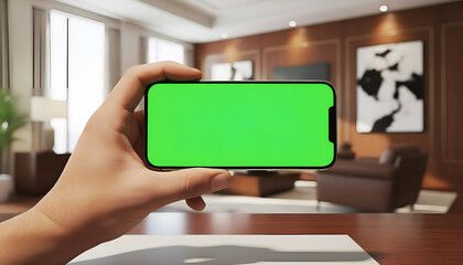 Hand holding mobile smartphone landscape mode with blank green screen chroma key for mockup in luxury living room interior with wood wall and sofa background for video app display