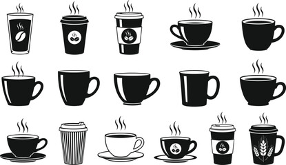 Coffee cup silhouette collection, black and white vector icons of mugs, to-go cups, steam, beans, saucers, for café, branding, and design