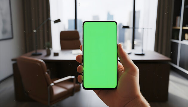 Hand holding mobile smartphone with blank green screen chroma key for mockup in modern executive office interior with wooden desk and leather chair background for business app display