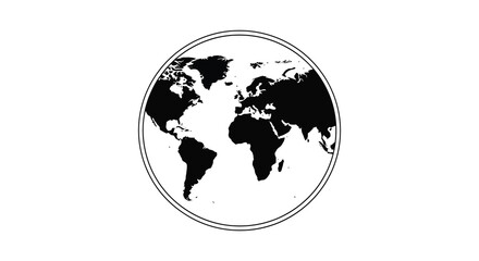 A circular design showcases the world globe in black and white a striking silhouette