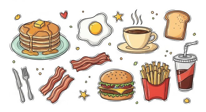 Hand-drawn breakfast and brunch illustration featuring pancakes, burger, and other delicious items