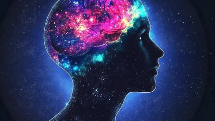 A silhouette of a human head with a colorful galaxy inside the brain. The background is dark, emphasizing the vibrant colors of the cosmic elements. - Powered by Adobe