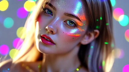 Dreamy portrait of a young woman with pastel lighting and prismatic reflections on her face. Generated AI - Powered by Adobe