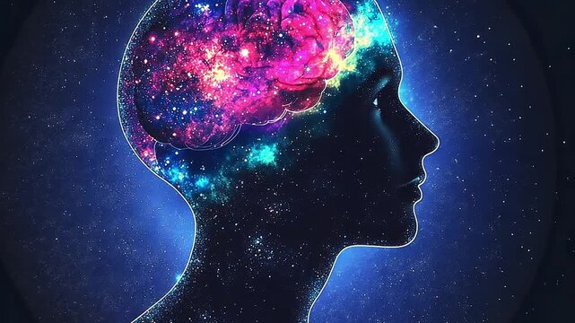 A silhouette of a human head with a colorful galaxy inside the brain. The background is dark, emphasizing the vibrant colors of the cosmic elements. - Powered by Adobe