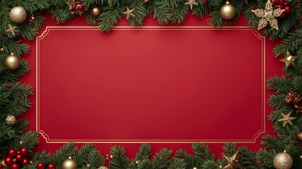 Christmas frame with a lush green xmas spruce tree set against a vibrant red background, adorned with festive winter holiday elements, featuring a Merry Christmas greeting card, banner, frame, and bor
