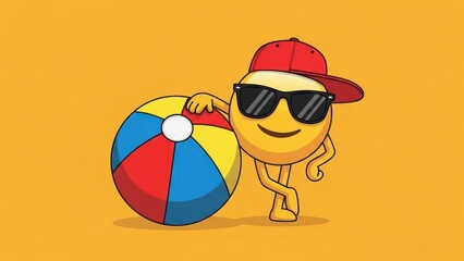 Cool Emoji with Beach Ball and Sunglasses on Yellow Background.