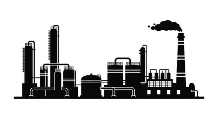Obraz premium Industrial complex with smokestacks and buildings depicted in a striking black and white silhouette