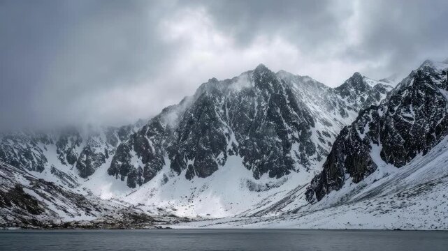 Snow-covered jagged mountains surround a dark lake beneath a cloudy wintry sky.