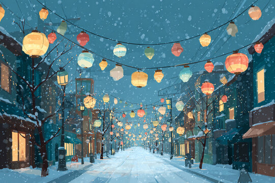 Festive view of the city covered in snow and decorated with balloons,generative ai