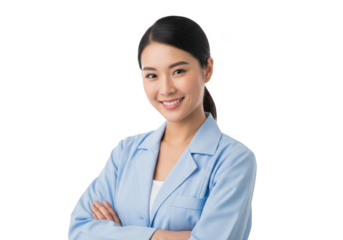 Young asian woman wearing a light blue lab coat with arms crossed smiling confidently isolated on transparent background
