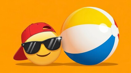 Cool Emoji with Sunglasses and Beach Ball on Orange Background.