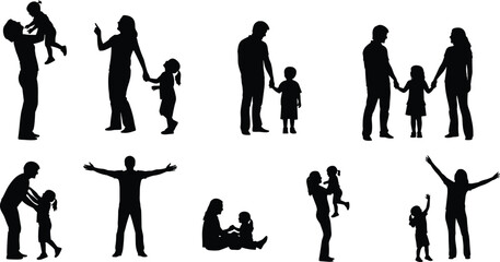 Parent and child silhouette collection, emotional bonding, family interaction, black vector icons for caregiving, parenting, love, support, and relationship design