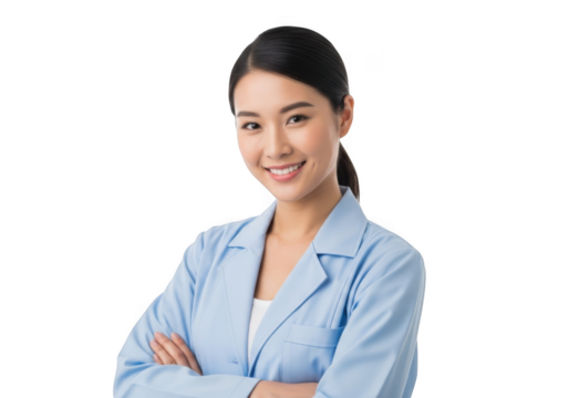 Young asian woman wearing a light blue lab coat with arms crossed smiling confidently isolated on transparent background