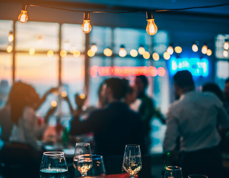 Soft blurred after-work office party with warm lights, colleagues socializing and relaxed corporate atmosphere. Ideal for team-building, workplace culture and informal professional events.