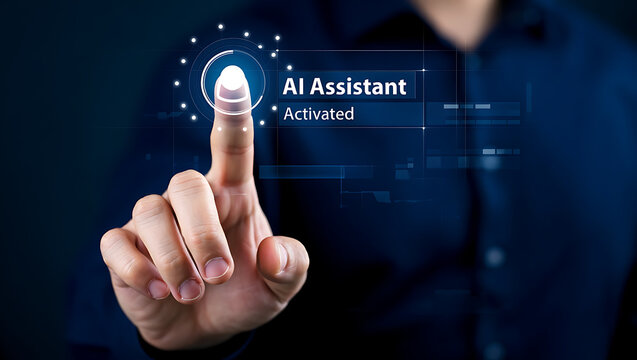 Human finger touching a glowing blue digital interface displaying ai assistant with biometric fingerprint authentication for futuristic technology and artificial intelligence concept