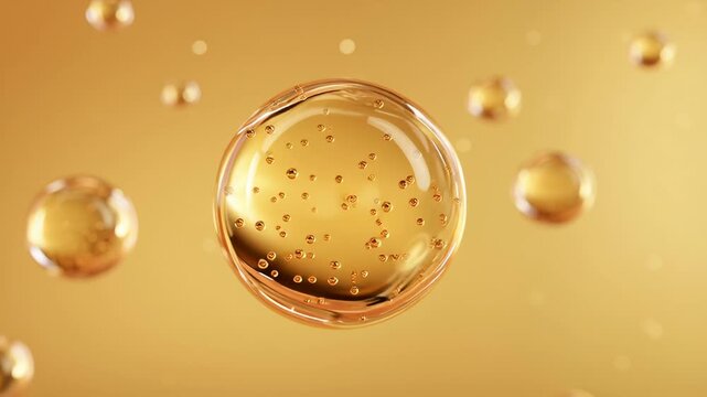 Golden serum bubbles floating gently, perfect for skincare and beauty product promotion with a luxurious, hydrating feel