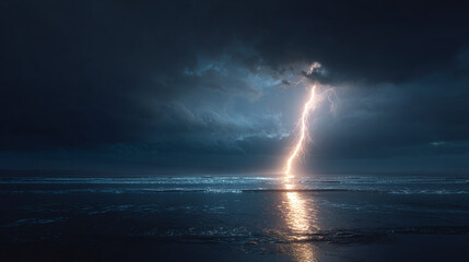 A striking image of a lightning strike illuminating the night sky over the ocean. The powerful electrical discharge reflects off the water's surface, creating a dramatic and awe-inspiring scene