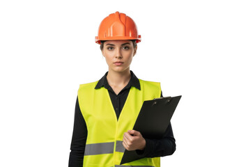 Professional woman wearing orange hard hat and yellow safety vest holding clipboard isolated on transparent background
