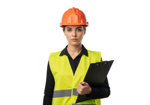 Professional woman wearing orange hard hat and yellow safety vest holding clipboard isolated on transparent background - Powered by Adobe