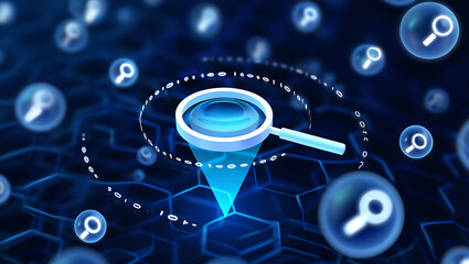 Futuristic digital magnifying glass hovering over a glowing hexagonal grid representing data search and analysis in a dark blue abstract background