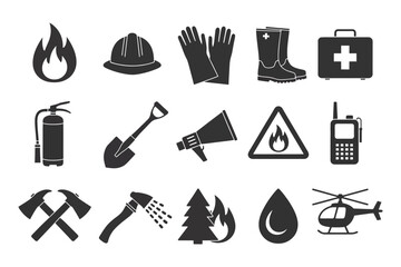 Fototapeta premium Fire safety and emergency equipment icons collection, including fire extinguishers, alarms, hoses, helmets, and emergency signs, designed for safety manuals
