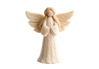Felt angel figurine with cream wings in praying pose, isolated on a transparent background