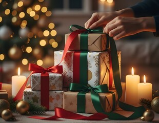 Woman's hands carefully create a red bow on a holiday gift box, surrounded by festive green decor. Ideal for Christmas, winter, and present preparation themes with a warm dark bokeh background.