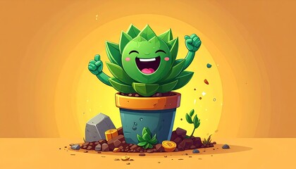 Joyful Pixel Art Succulent Plant in a Blue Pot Celebrates Victory with Arms Raised Against a Warm Gradient Background
