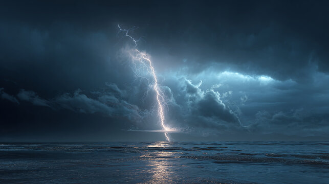 A dramatic lightning strike illuminating the night sky over the ocean, capturing the raw power of nature