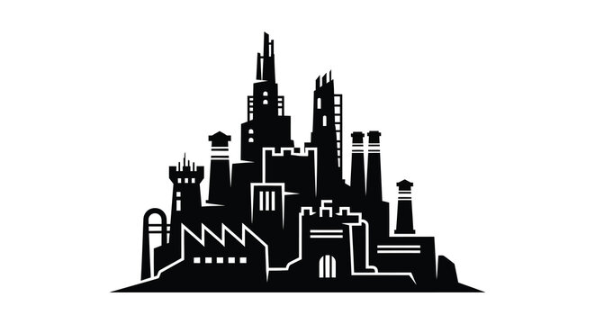 Dramatic black cityscape with unique architectural elements and a striking silhouette