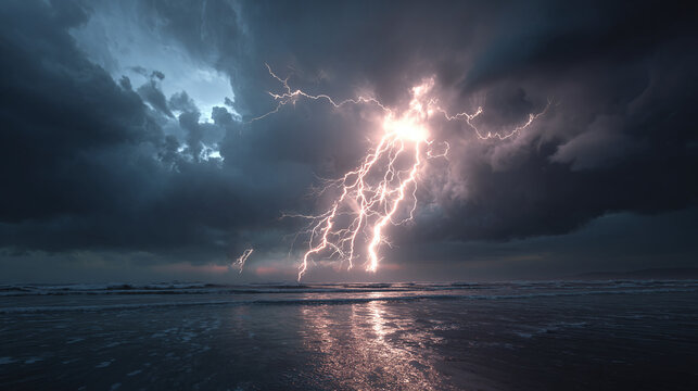 A stunning view of a lightning bolt striking over the ocean, with dark and dramatic skies