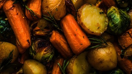 Close up view of oven roasted carrots, potatoes and brussels sprouts seasoned with fresh rosemary, perfect for a healthy autumn or holiday dinner side dish.