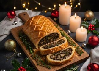 Delicious gourmet mushroom Wellington sliced on a wooden board, surrounded by festive Christmas holly, red ornaments and glowing white candles for an elegant holiday dinner.
