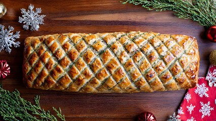 Beef Wellington or savory pastry loaf sliced to reveal a perfect filling and encased in golden puff pastry, beautifully styled for an elegant Christmas or holiday dinner centerpiece.