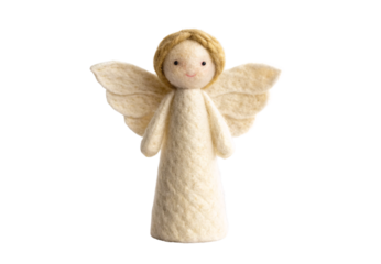 Smiling felt angel with golden hair and cream textured wings, isolated on a transparent background
