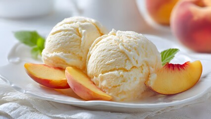 Creamy peach ice cream scoops served on a white plate with fresh peach slices and a mint leaf. A delicious, bright, and refreshing summer dessert for sweet food recipes and menus.