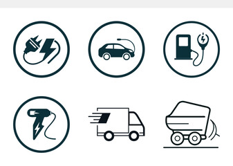 Modern vector icons illustrating electric mobility, sustainable transportation, and energy solutions, featuring electric vehicles, charging stations, delivery trucks, and mining carts