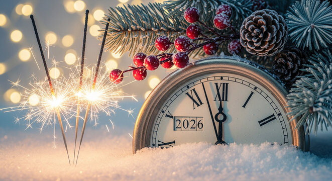 New years eve celebration with fireworks and clock