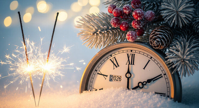 New years eve celebration with fireworks and clock