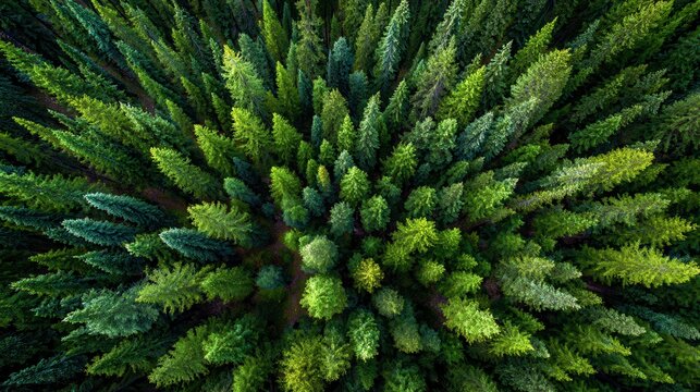 Aerial view looking straight down onto a dense evergreen forest canopy - Powered by Adobe
