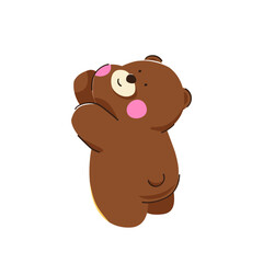 A cute brown bear makes a gesture of raising his hand to take something, hand drawn.