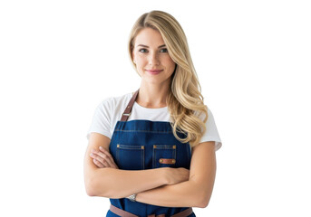 Young woman wearing a denim apron with arms crossed smiling confidently isolated on transparent background