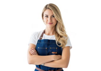 Young woman wearing a denim apron with arms crossed smiling confidently isolated on transparent background