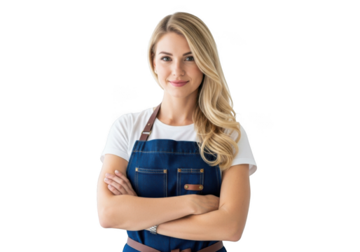 Young woman wearing a denim apron with arms crossed smiling confidently isolated on transparent background