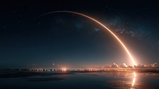 Rocket launch trajectory across a starry night sky above water