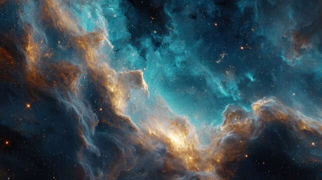 Vibrant blue and gold nebula with glowing stars in deep space
