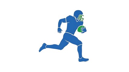 Dynamic blue American football player icon running powerfully with the green ball, ideal for sports branding, game day promotions, or athletic league logos.